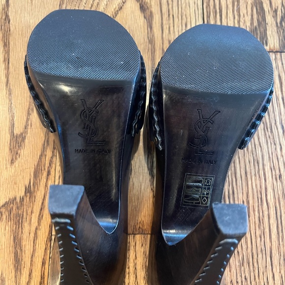 Yves Saint Laurent 5” Black Wood and Leather Heels w/ Floral Pattern size 8 1/2 - Picture 2 of 9